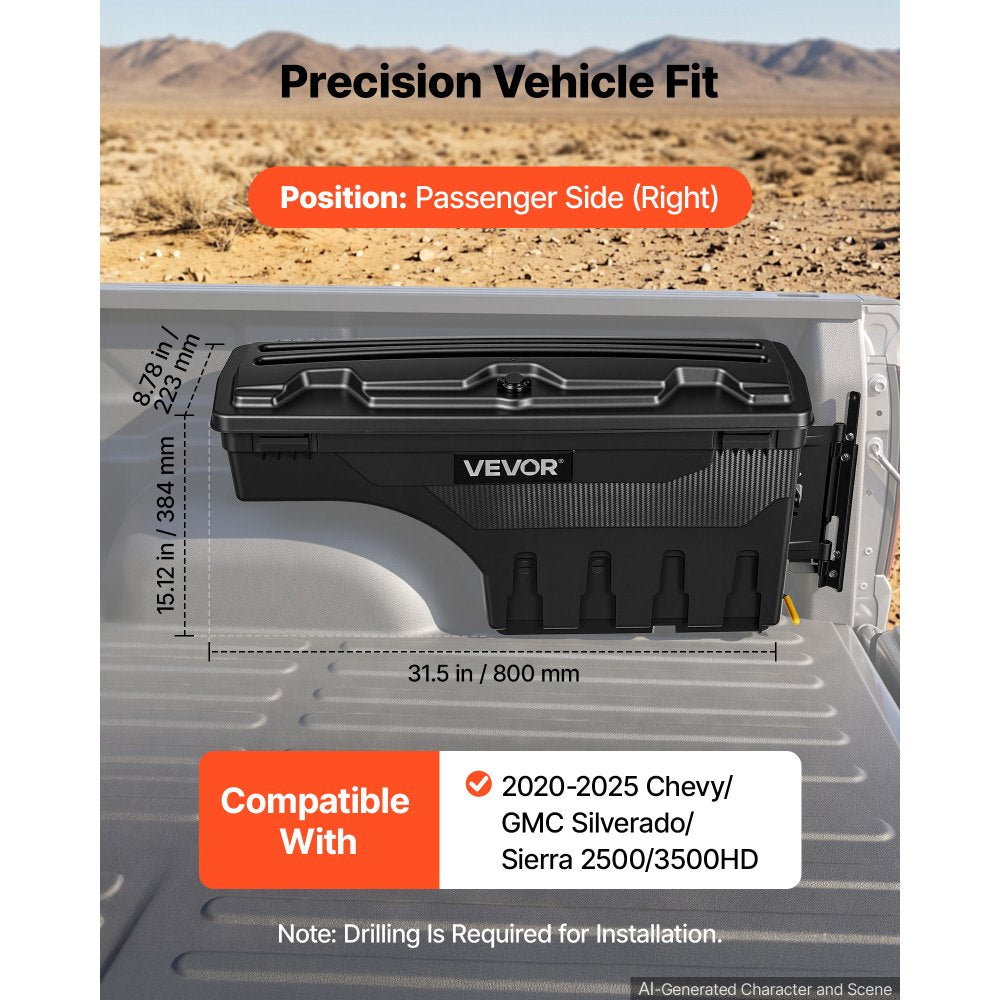 VEVOR Truck Bed Storage Box, 6.6 Gal/25L Waterproof ABS Wheel Well Tool Box, Anti-Theft Lock, Compatible with 2020-2025