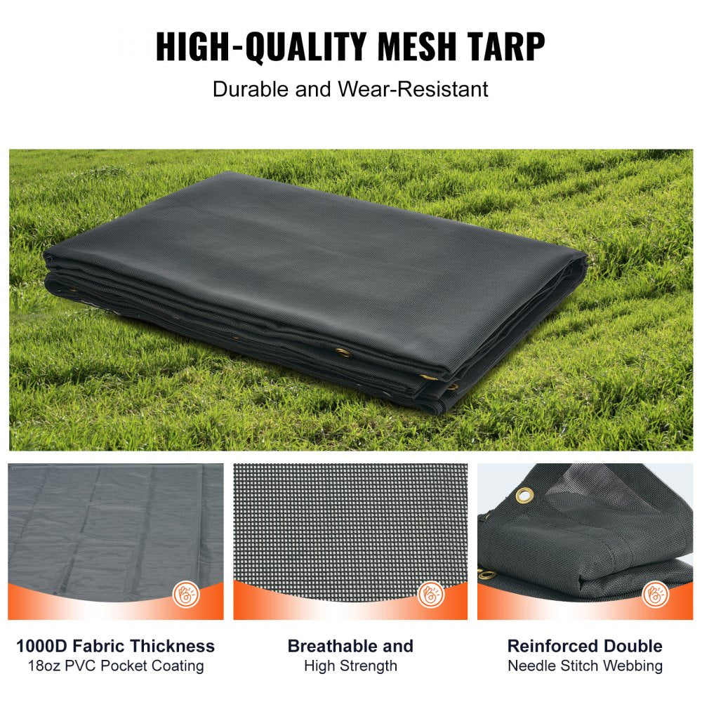 VEVOR Dump Truck Mesh Tarp, 7 x 22 ft, PVC Coated Black Heavy Duty Cover with 5.5" 18oz Double Pocket, Brass Grommets