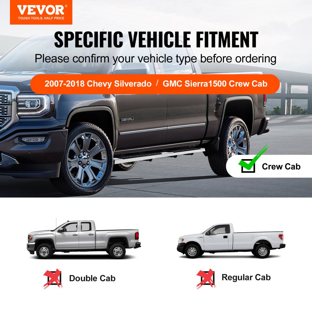 VEVOR Running Boards, 6" Step Bars Compatible with 2007-2018 Chevy Silverado/GMC Sierra 1500 Crew Cab/2019 2500HD