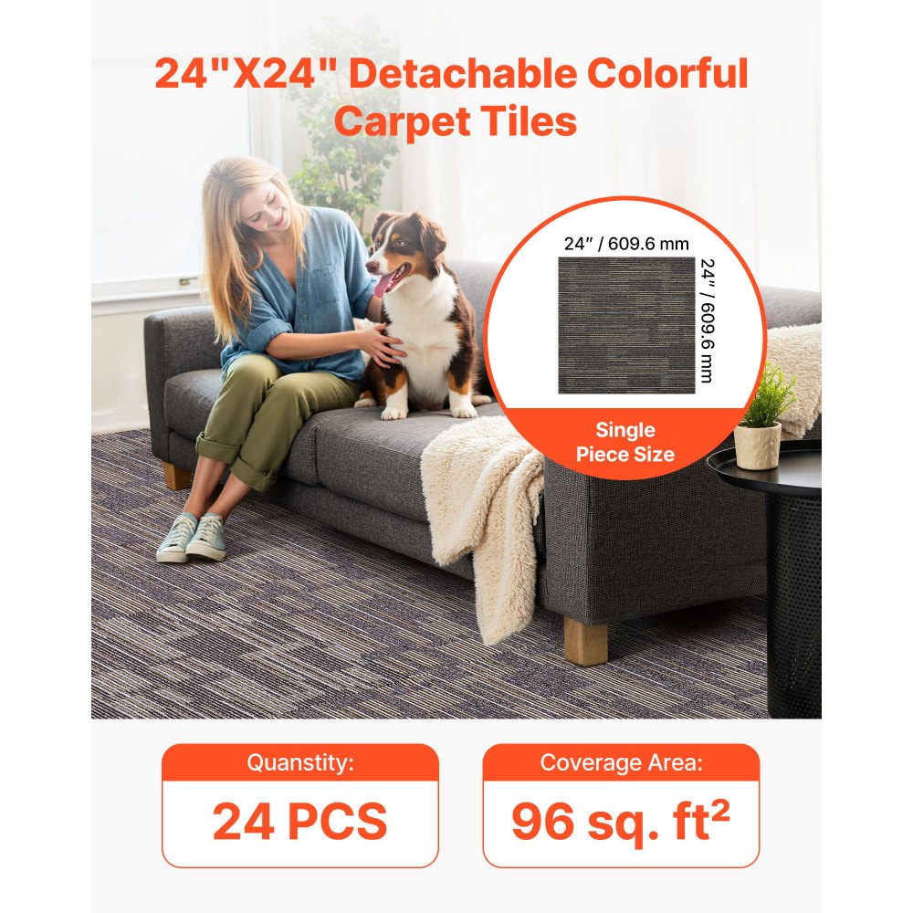 VEVOR Carpet Tiles Reusable 24x24 inch, 24 PCS Modular Carpet Square Rug, Commercial Floor Soft Padded for Seamless