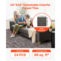 VEVOR Carpet Tiles Reusable 24x24 inch, 24 PCS Modular Carpet Square Rug, Commercial Floor Soft Padded for Seamless
