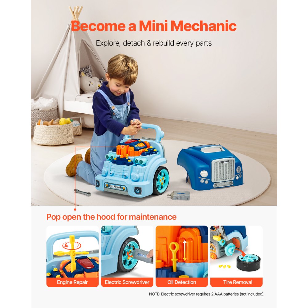 VEVOR Engine Toy, 60 Pieces, Kids Mechanic Car Repair Set with Removable Parts, Lights and Sounds, Steering Wheel and