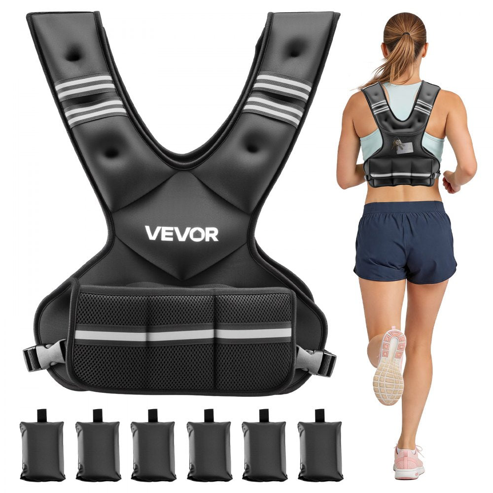 VEVOR Adjustable Weighted Vest, 11-20lb Weight Vest with 6 Ironsand Weights and Reflective Stripe, Body Weight Vest