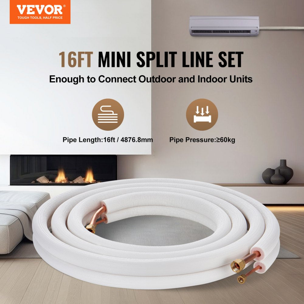 VEVOR 16FT Mini Split Line Set, 1/4" & 1/2" O.D Copper Pipes Tubing and Triple-Layer Insulation, for Air Conditioning