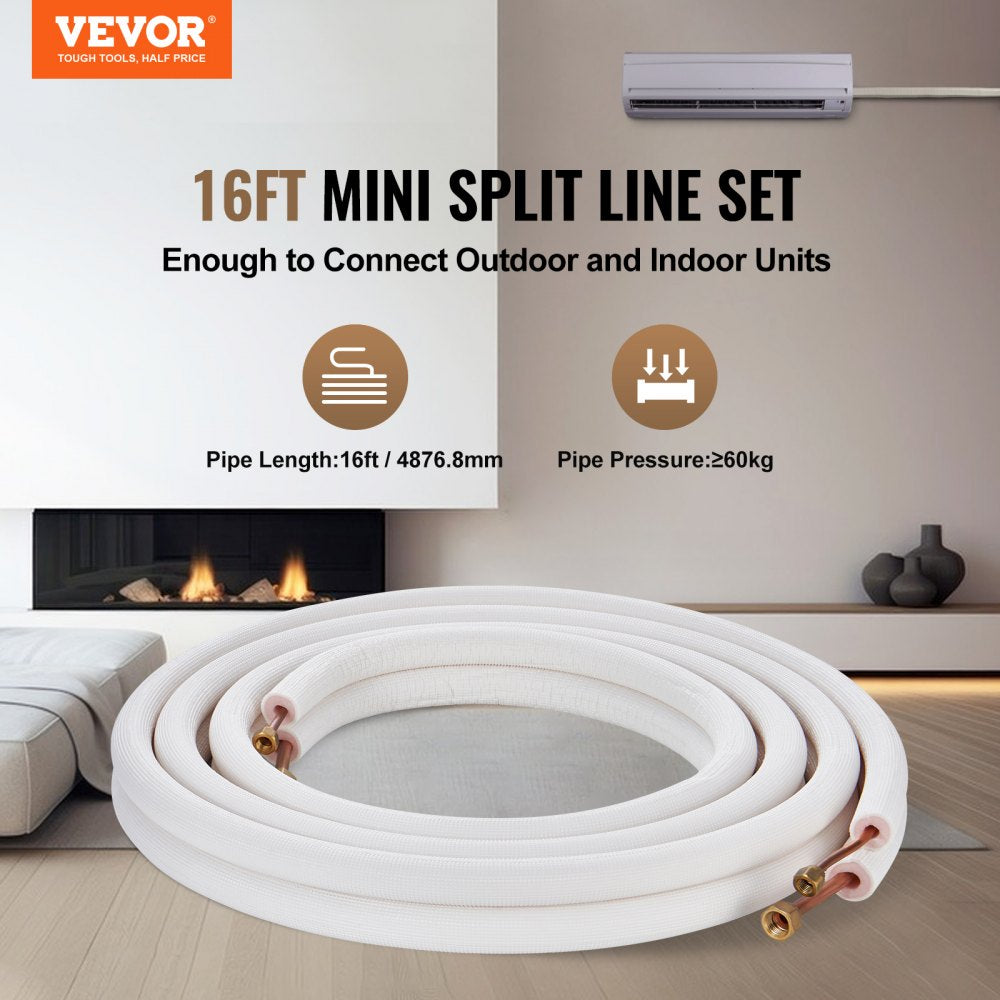 VEVOR 16FT Mini Split Line Set, 1/4" & 3/8" O.D Copper Pipes Tubing and Triple-Layer Insulation, for Air Conditioning
