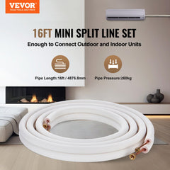 VEVOR 16FT Mini Split Line Set, 1/4" & 3/8" O.D Copper Pipes Tubing and Triple-Layer Insulation, for Air Conditioning