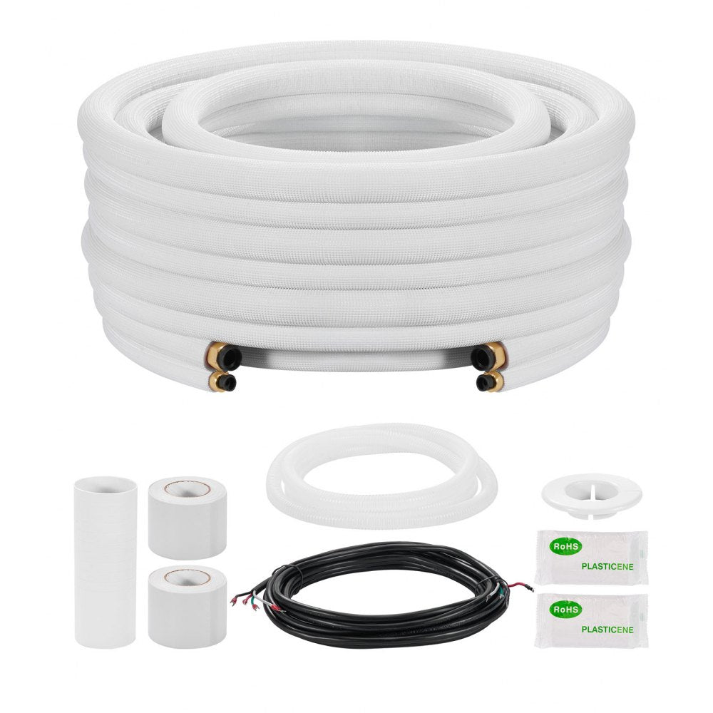 VEVOR 25ft Mini Split Line Set, 3/8" & 5/8" OD AC Copper Tubing Pipe, 3/8 White PE Thickened Insulated Coil with Flared