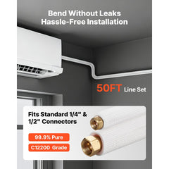 VEVOR 50ft Mini Split Line Set, 1/4" & 1/2" OD AC Copper Tubing Pipe, 3/8 White PE Thickened Insulated Coil with Flared