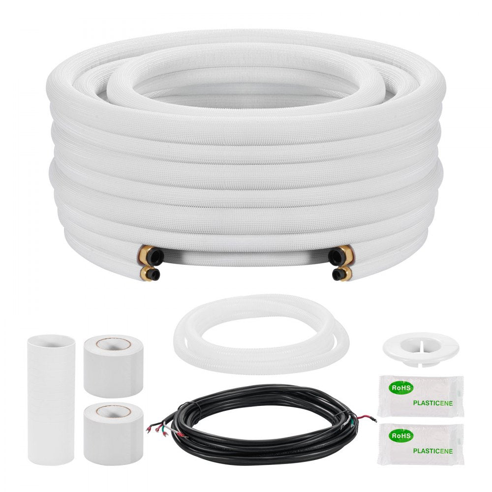 VEVOR 50ft Mini Split Line Set, 1/4" & 1/2" OD AC Copper Tubing Pipe, 3/8 White PE Thickened Insulated Coil with Flared