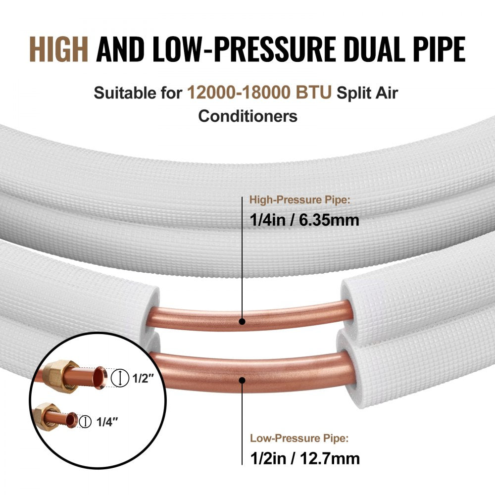 VEVOR 25FT Mini Split Line Set, 1/4" & 1/2" O.D Copper Pipes Tubing and Triple-Layer Insulation, for Mini Split Air