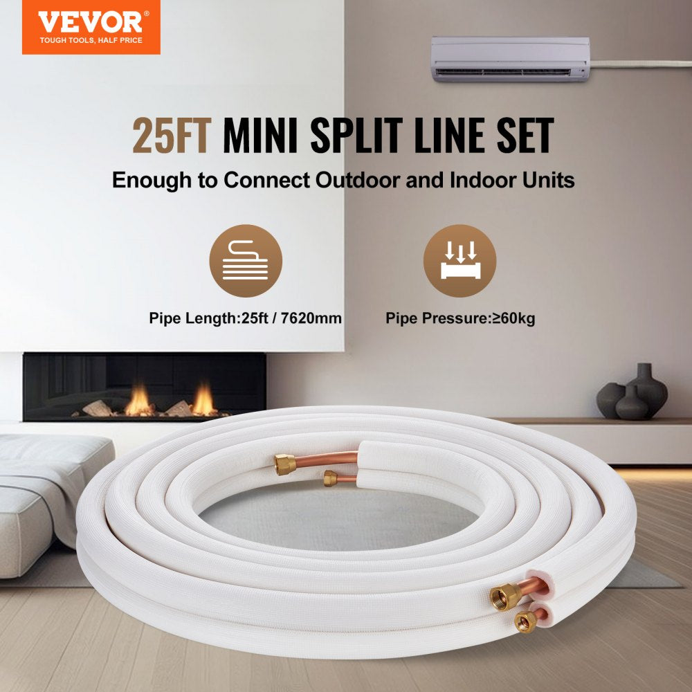 VEVOR 25FT Mini Split Line Set, 1/4" & 3/8" O.D Copper Pipes Tubing and Triple-Layer Insulation, for Mini Split Air