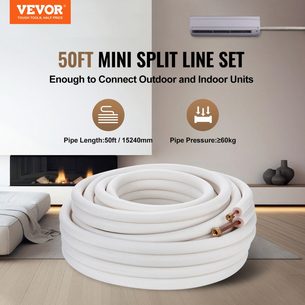 VEVOR 50FT Mini Split Line Set, 1/4" & 3/8" O.D Copper Pipes Tubing and Triple-Layer Insulation, for Mini Split Air