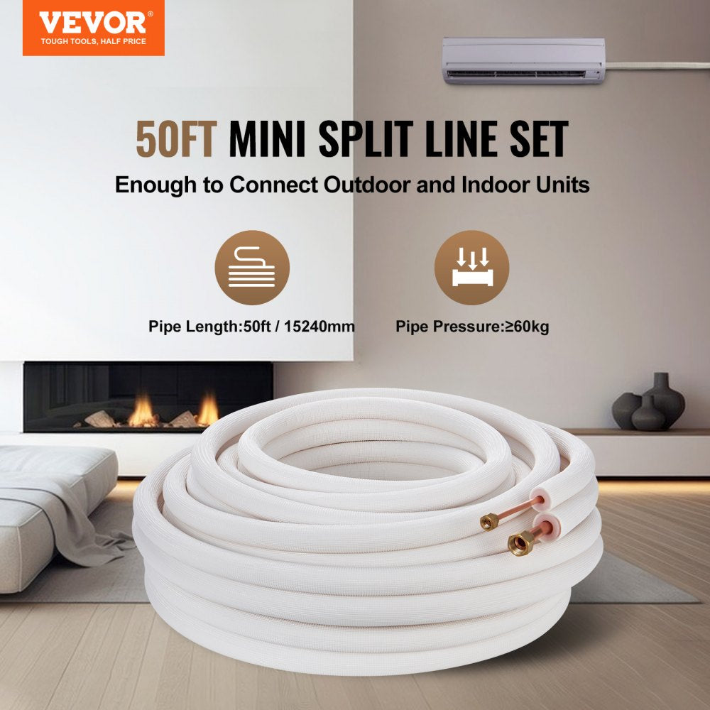 VEVOR 50FT Mini Split Line Set, 1/4" & 1/2" O.D Copper Pipes Tubing and Triple-Layer Insulation, for Mini Split Air
