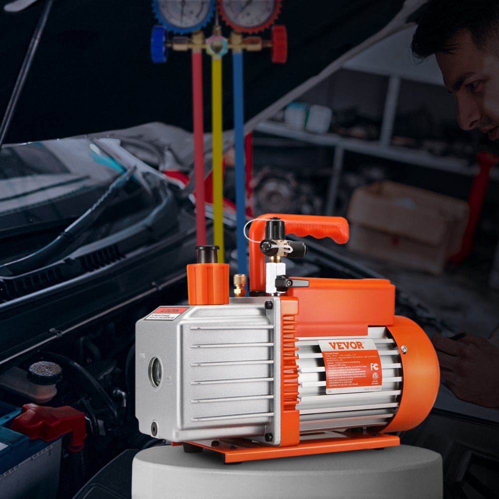 VEVOR 1/2 HP 2 Stage Rotary Vane Vacuum Pump, 5 CFM, 115V Air Conditioning Vacuum Pump, 1/4" SAE Male 3/8" SAE Male