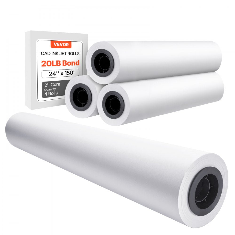 VEVOR Wide Format Paper, 24 in x 150 ft Plotter Paper, 4 Rolls CAD Bond Rolls with 2 in Core, 20 LB Bond Paper Rolls