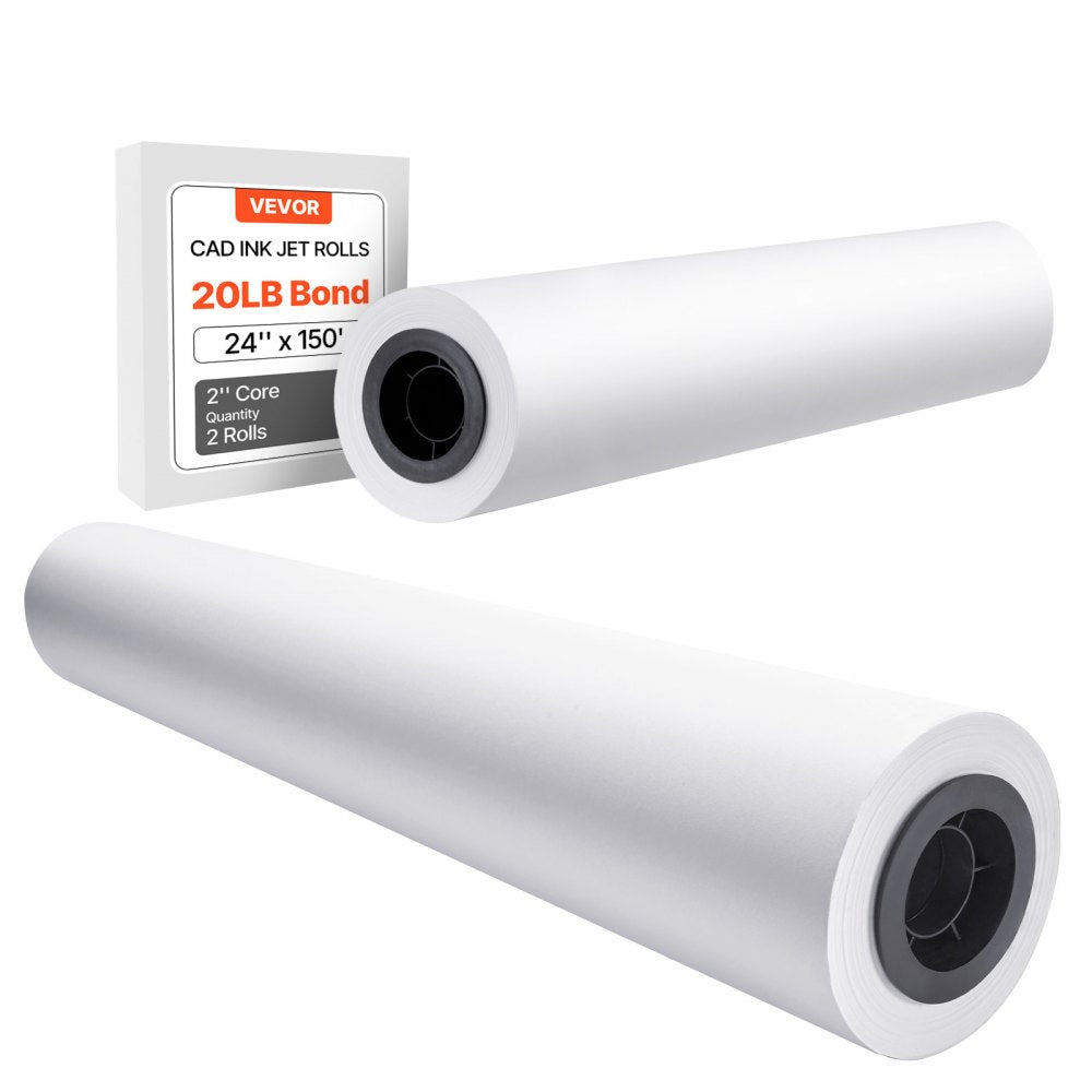 VEVOR Wide Format Paper, 24 in x 150 ft Plotter Roll, 2 Rolls CAD Bond Rolls with 2 in Core, 20 LB Bond Paper Rolls