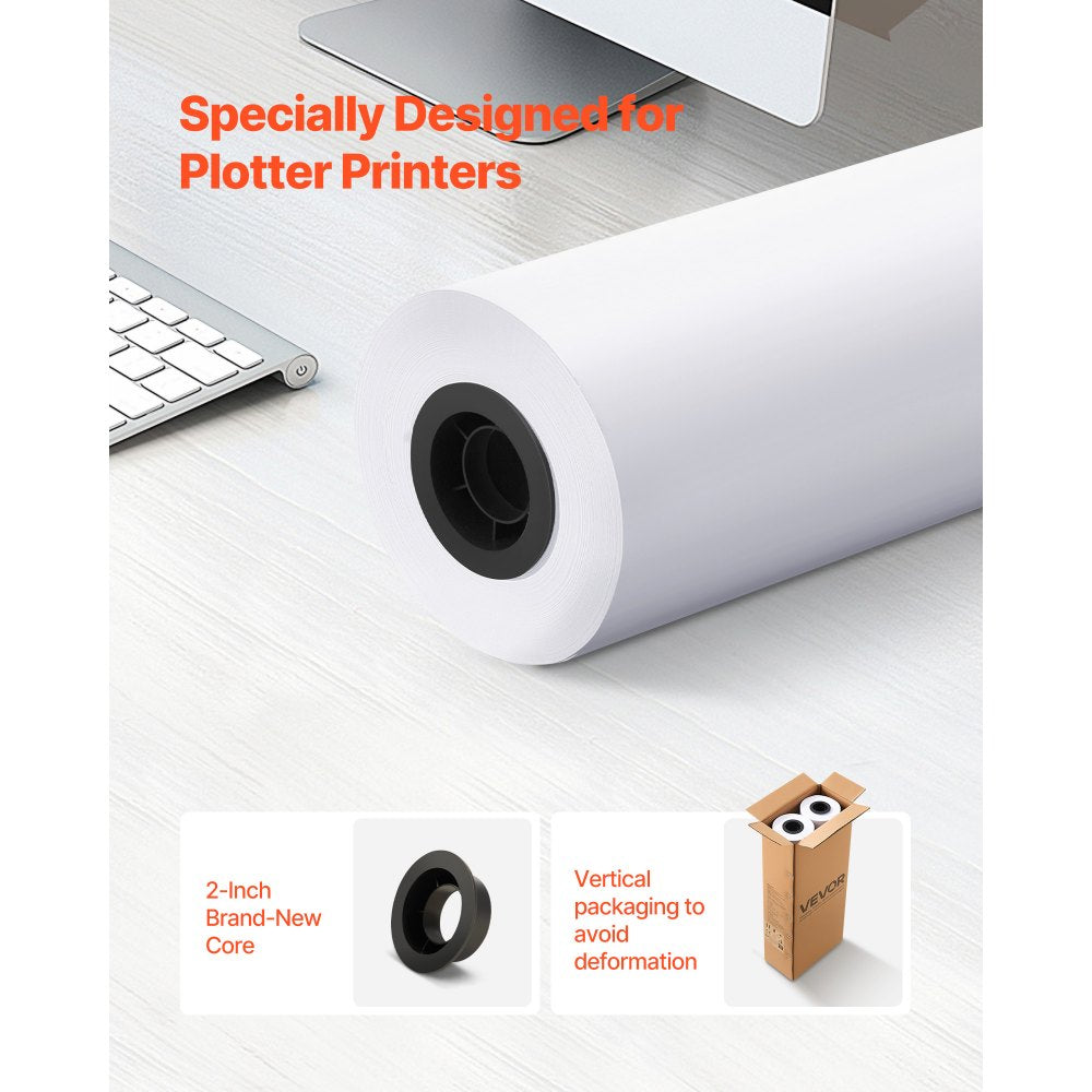 VEVOR Wide Format Paper, 24 in x 300 ft Plotter Roll, 2 Rolls CAD Bond Rolls with 2 in Core, 20 LB Bond Paper Rolls