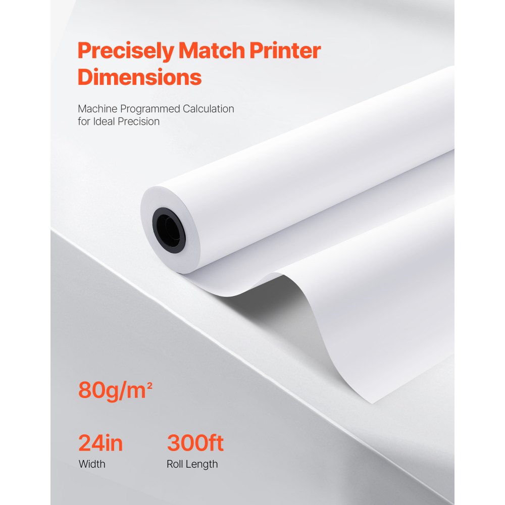 VEVOR Wide Format Paper, 24 in x 300 ft Plotter Roll, 2 Rolls CAD Bond Rolls with 2 in Core, 20 LB Bond Paper Rolls