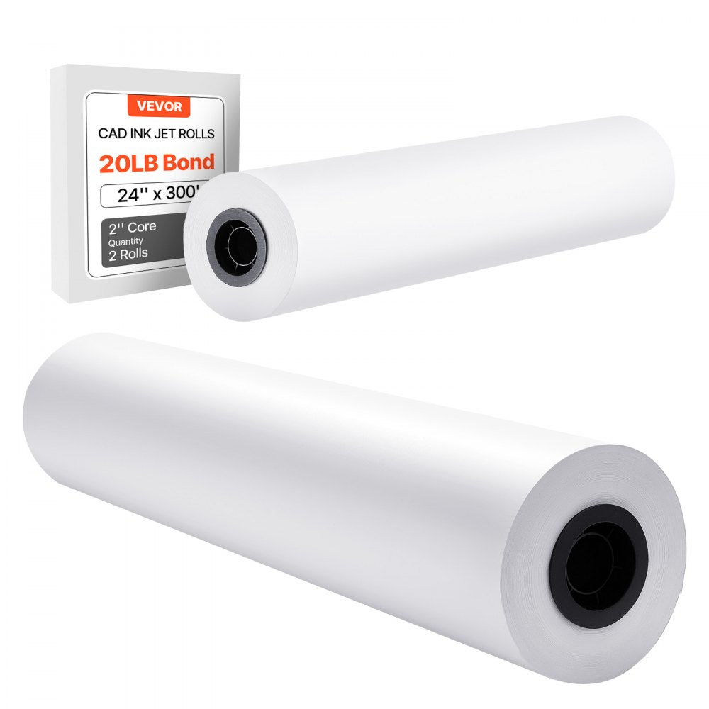 VEVOR Wide Format Paper, 24 in x 300 ft Plotter Roll, 2 Rolls CAD Bond Rolls with 2 in Core, 20 LB Bond Paper Rolls