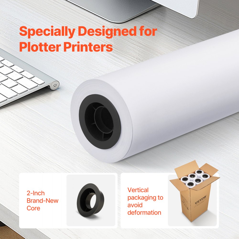 VEVOR Wide Format Paper, 24 in x 150 ft Plotter Paper, 6 Rolls CAD Bond Rolls with 2 in Core, 20 LB Bond Paper Rolls