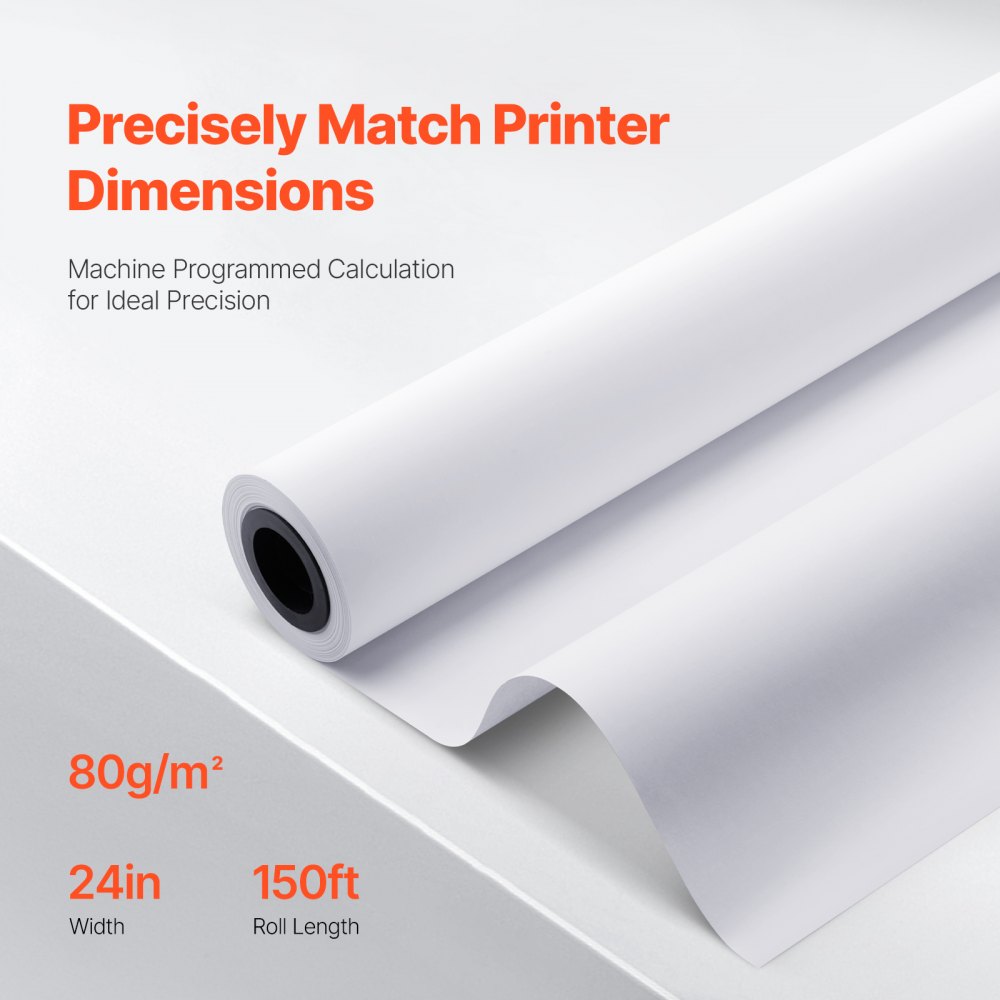 VEVOR Wide Format Paper, 24 in x 150 ft Plotter Paper, 6 Rolls CAD Bond Rolls with 2 in Core, 20 LB Bond Paper Rolls