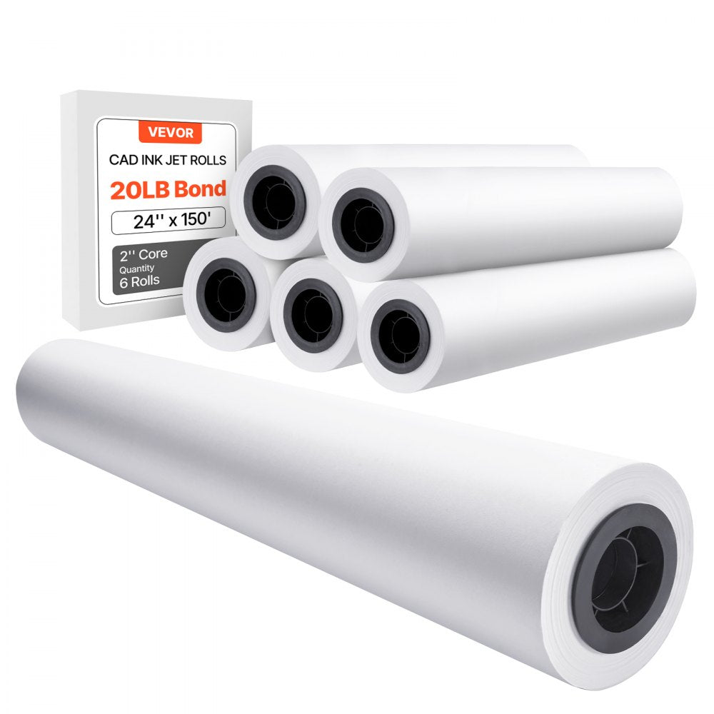 VEVOR Wide Format Paper, 24 in x 150 ft Plotter Paper, 6 Rolls CAD Bond Rolls with 2 in Core, 20 LB Bond Paper Rolls