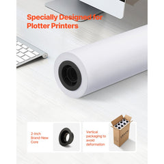 VEVOR Wide Format Paper, 24 in x 150 ft Plotter Roll, 8 Rolls CAD Bond Rolls with 2 in Core, 20 LB Bond Paper Rolls