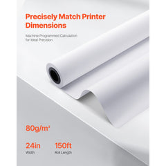 VEVOR Wide Format Paper, 24 in x 150 ft Plotter Roll, 8 Rolls CAD Bond Rolls with 2 in Core, 20 LB Bond Paper Rolls