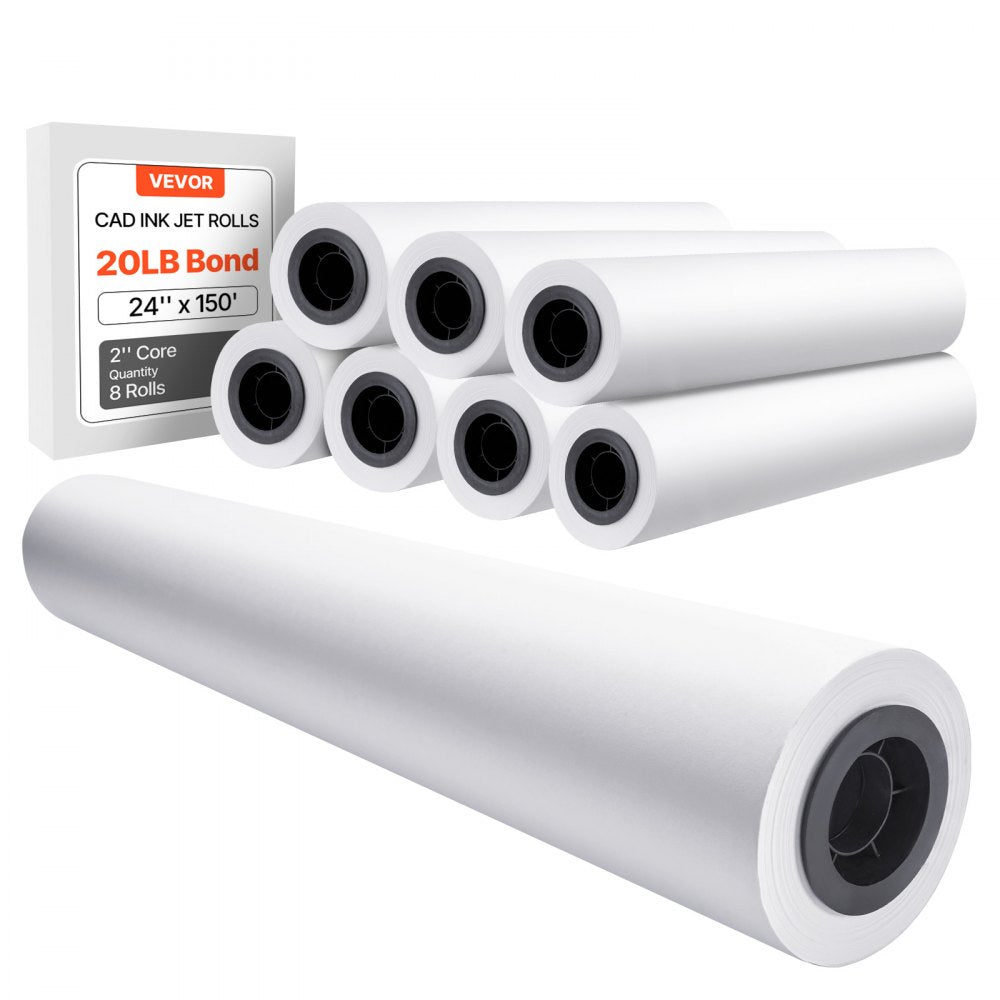VEVOR Wide Format Paper, 24 in x 150 ft Plotter Roll, 8 Rolls CAD Bond Rolls with 2 in Core, 20 LB Bond Paper Rolls