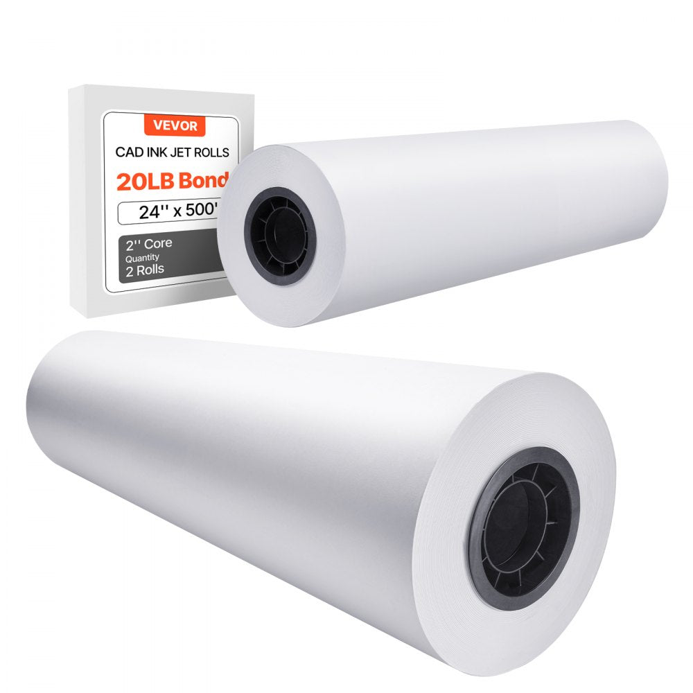 VEVOR Wide Format Paper, 24 in x 500 ft Plotter Paper, 2 Rolls CAD Bond Rolls with 3 in Core, 20 LB Bond Paper Rolls