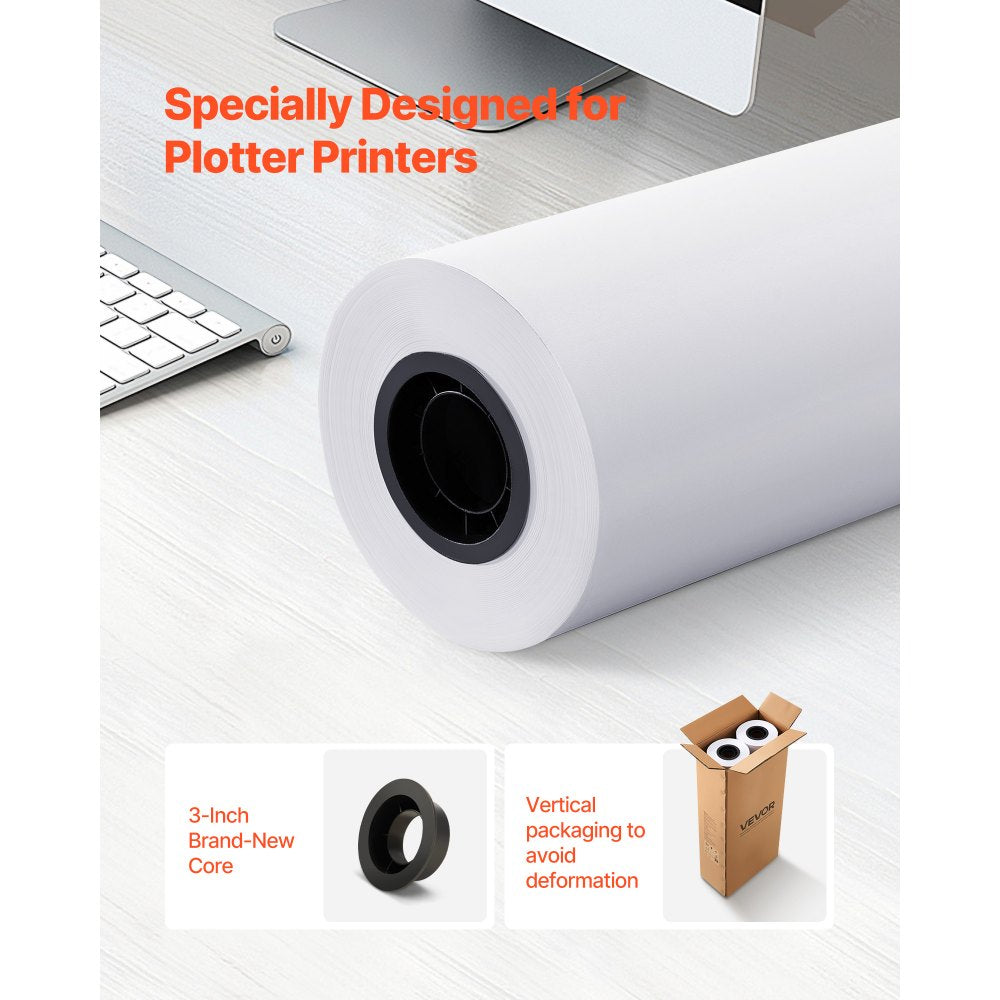 VEVOR Wide Format Paper, 30 in x 500 ft Plotter Roll, 2 Rolls CAD Bond Rolls with 3 in Core, 20 LB Bond Paper Rolls