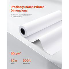 VEVOR Wide Format Paper, 30 in x 500 ft Plotter Roll, 2 Rolls CAD Bond Rolls with 3 in Core, 20 LB Bond Paper Rolls