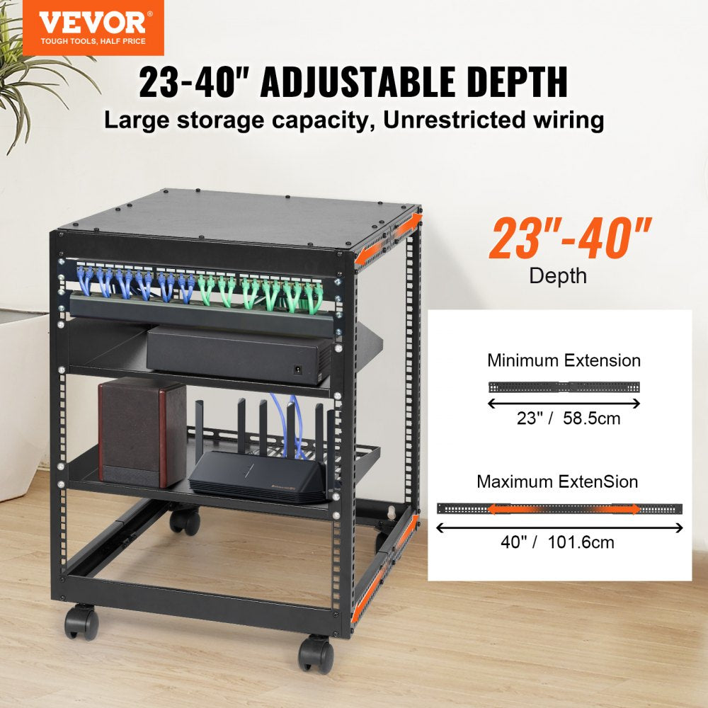 VEVOR 12U Open Frame Server Rack, 23-40 in Adjustable Depth, Free Standing or Wall Mount Network Server Rack, 4 Post AV