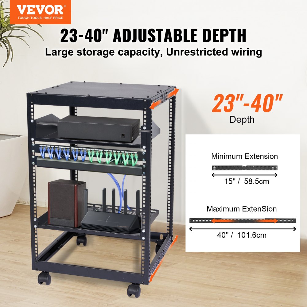 VEVOR 15U Open Frame Server Rack, 23-40 in Adjustable Depth, Free Standing or Wall Mount Network Server Rack, 4 Post AV