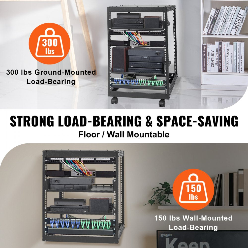VEVOR 15U Open Frame Server Rack, 23-40 in Adjustable Depth, Free Standing or Wall Mount Network Server Rack, 4 Post AV