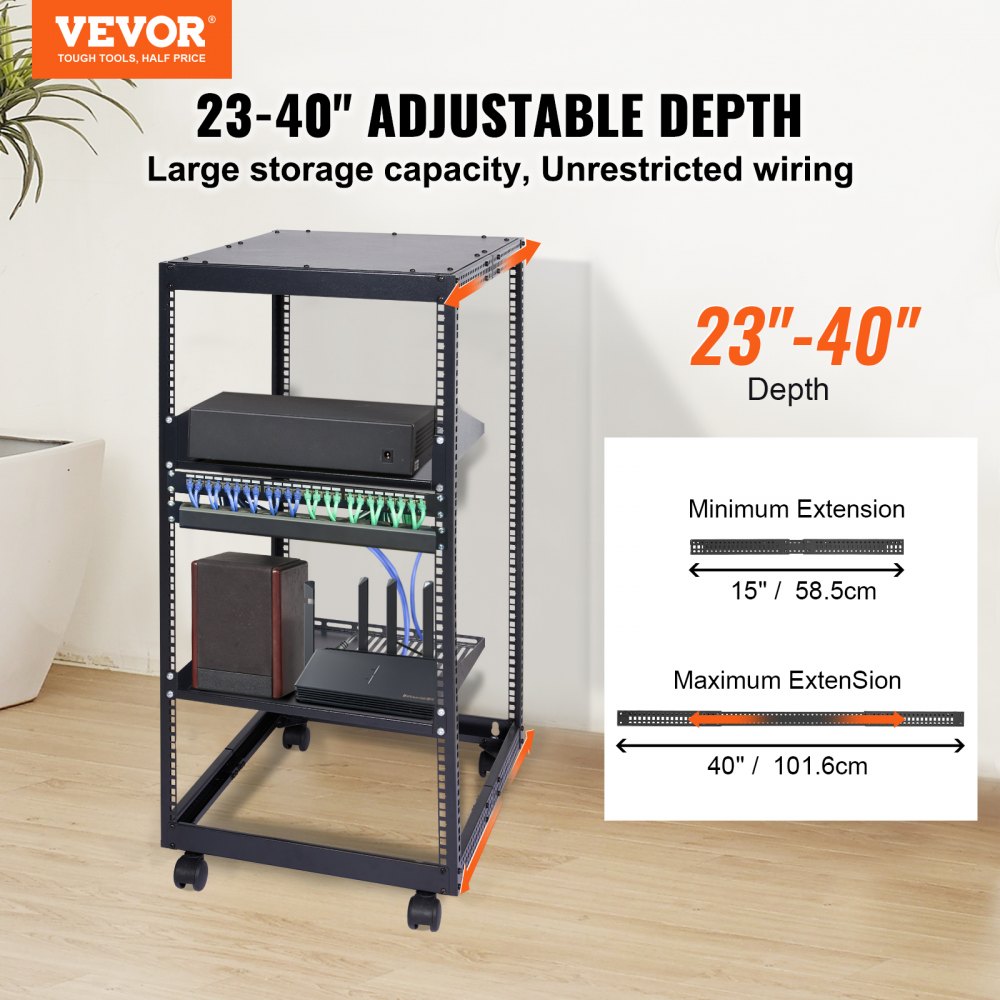 VEVOR 20U Open Frame Server Rack, 23-40 in Adjustable Depth, Free Standing or Wall Mount Network Server Rack, 4 Post AV