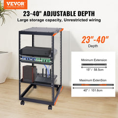 VEVOR 20U Open Frame Server Rack, 23-40 in Adjustable Depth, Free Standing or Wall Mount Network Server Rack, 4 Post AV