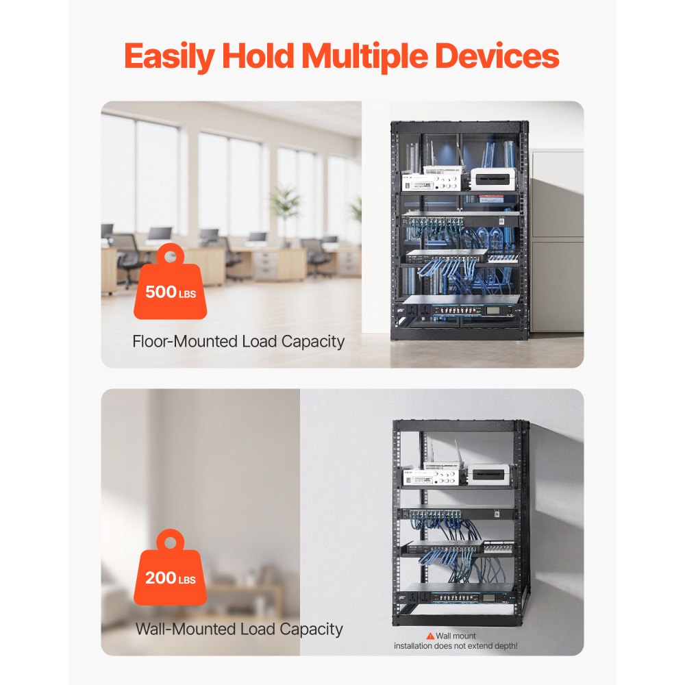VEVOR 16U Open Frame Network Rack, 23 in Depth, Wall Mounted or Floor Standing Server Rack, Heavy Duty 4 Post, with