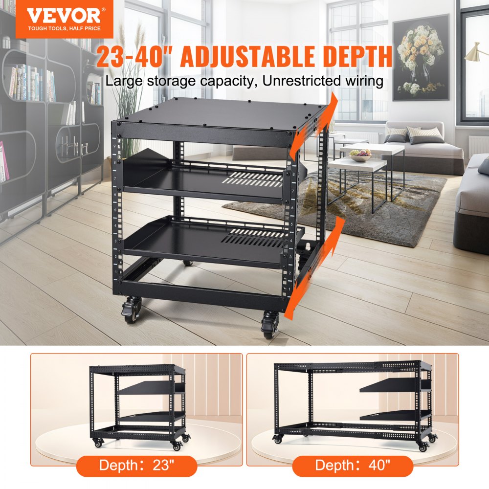 VEVOR 9U Open Frame Server Rack, 23''-40'' Adjustable Depth, Free Standing or Wall Mount Network Server Rack with 360°