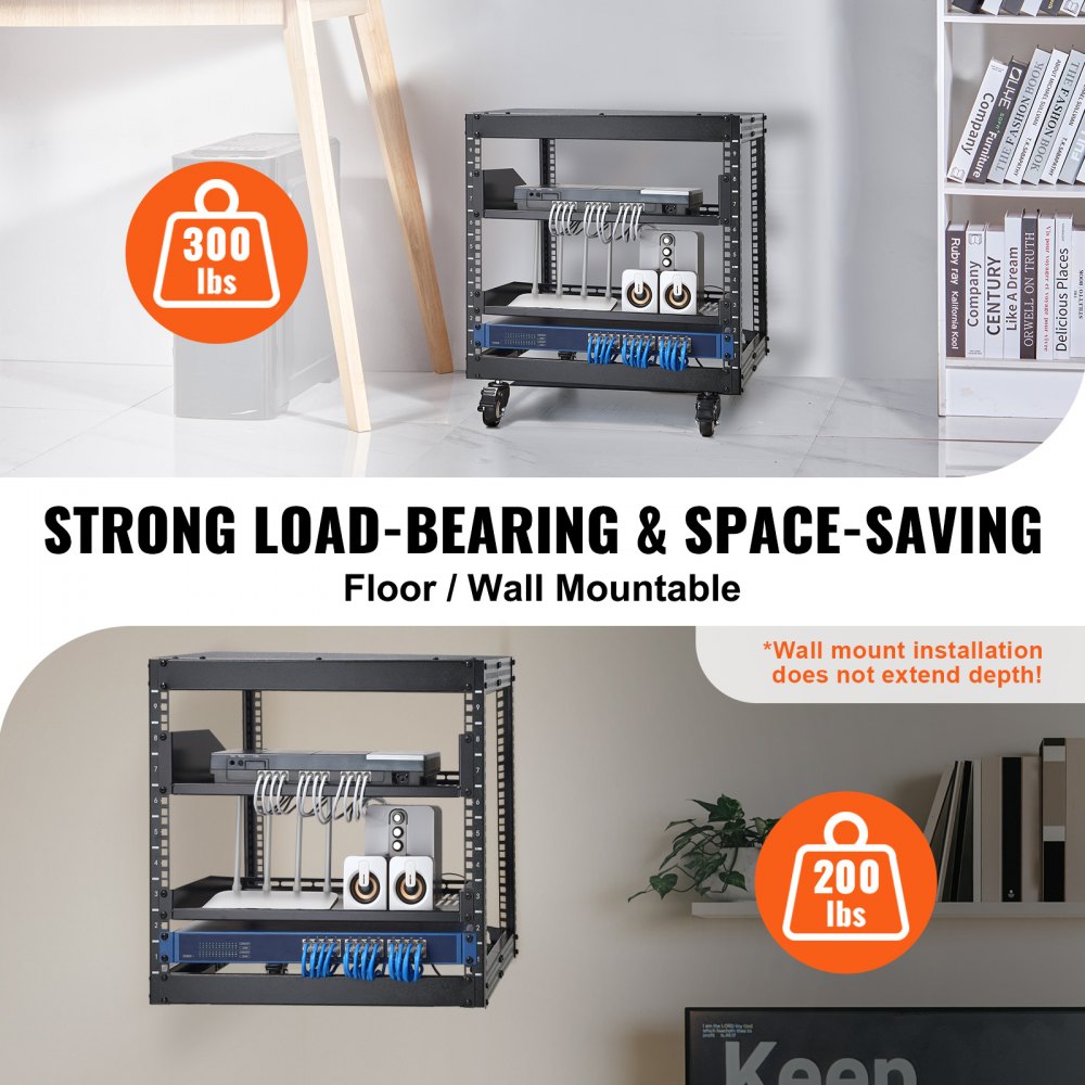 VEVOR 9U Open Frame Server Rack, 23''-40'' Adjustable Depth, Free Standing or Wall Mount Network Server Rack with 360°