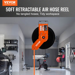 VEVOR Retractable Air Hose Reel, 3/8 IN x 50 FT Hybrid Air Hose Max 300PSI, Air Compressor Hose Reel with 5 In Lead in