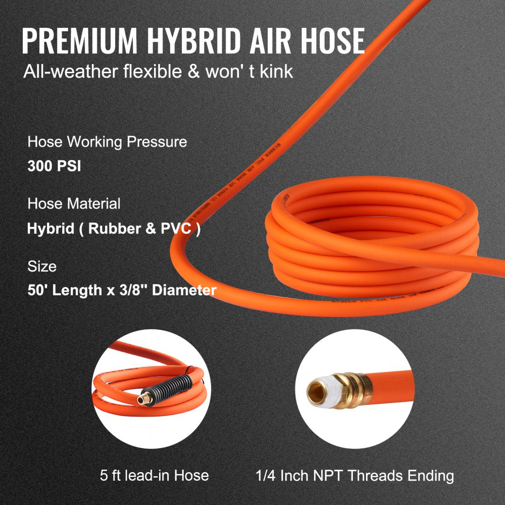 VEVOR Retractable Air Hose Reel, 3/8 IN x 50 FT Hybrid Air Hose Max 300PSI, Air Compressor Hose Reel with 5 In Lead in