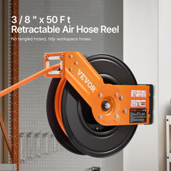 VEVOR Retractable Air Hose Reel, 3/8IN x 50FT Rubber Air Hose Max 300PSI, Air Compressor Hose Reel Auto-Rewind with 5FT