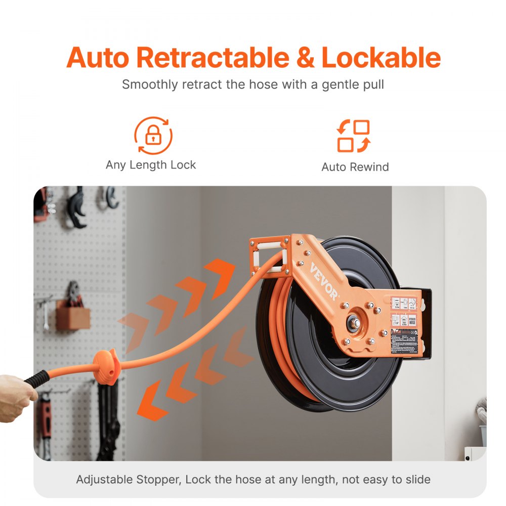 VEVOR Retractable Air Hose Reel, 3/8IN x 50FT Rubber Air Hose Max 300PSI, Air Compressor Hose Reel Auto-Rewind with 5FT