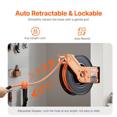 VEVOR Retractable Air Hose Reel, 3/8IN x 50FT Rubber Air Hose Max 300PSI, Air Compressor Hose Reel Auto-Rewind with 5FT