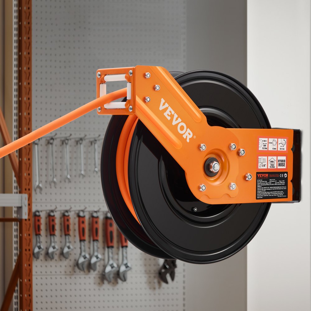 VEVOR Retractable Air Hose Reel, 3/8IN x 50FT Rubber Air Hose Max 300PSI, Air Compressor Hose Reel Auto-Rewind with 5FT