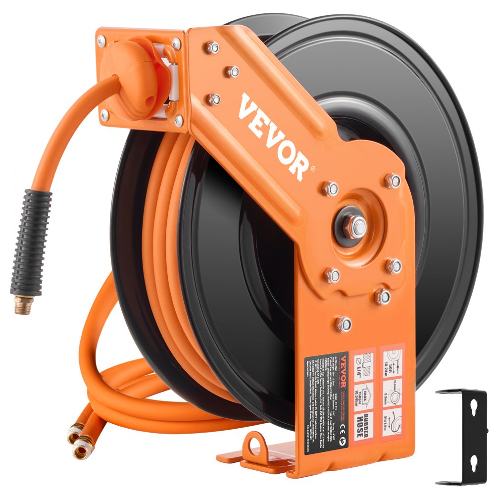 VEVOR Retractable Air Hose Reel, 3/8IN x 50FT Rubber Air Hose Max 300PSI, Air Compressor Hose Reel Auto-Rewind with 5FT