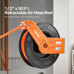 VEVOR Retractable Air Hose Reel, 1/2 IN x 50 FT Hybrid Air Hose Max 300PSI, Air Compressor Hose Reel Auto-Rewind with