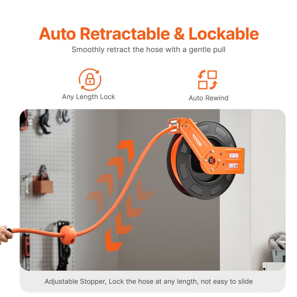 VEVOR Retractable Air Hose Reel, 1/2 IN x 50 FT Hybrid Air Hose Max 300PSI, Air Compressor Hose Reel Auto-Rewind with