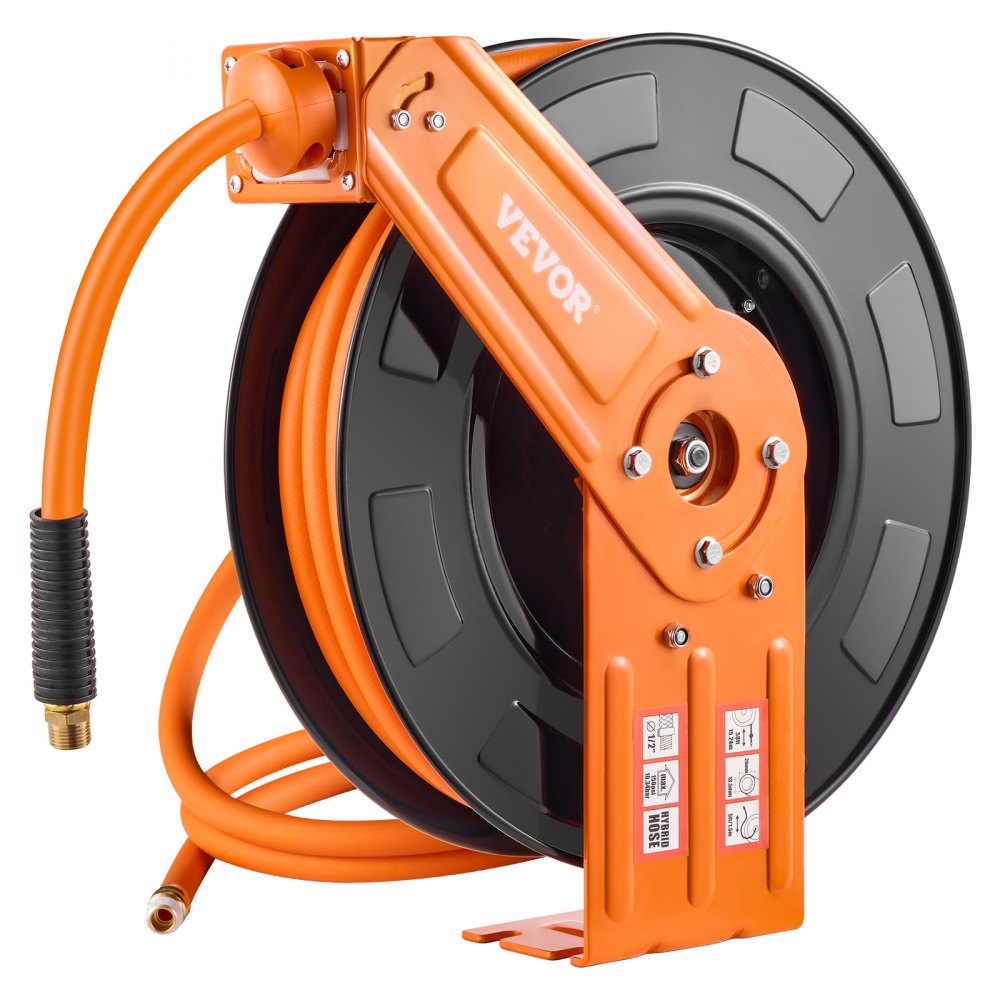 VEVOR Retractable Air Hose Reel, 1/2 IN x 50 FT Hybrid Air Hose Max 300PSI, Air Compressor Hose Reel Auto-Rewind with